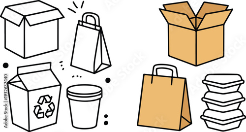 Packaging and Delivery Vector Icon Set Including Cardboard Boxes, Paper Bags, and Takeout Containers for Online Shopping and Shipping