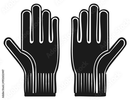 Pair of black work gloves with ribbed cuffs, isolated on white background, graphic illustration