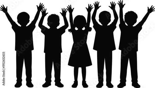 Silhouette of cheerful children raising hands isolated on white background black and white kids group celebrating teamwork and happiness concept