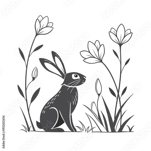 Vector illustration of a rabbit in a garden with flowers