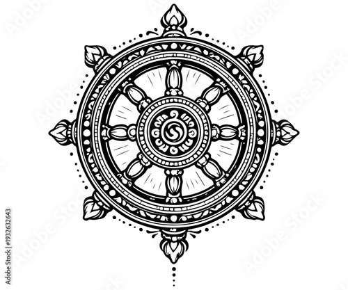 Eight-spoked dharma wheel detailed line art