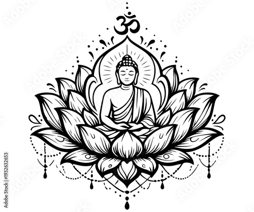 Lotus with dharma wheel line drawing
