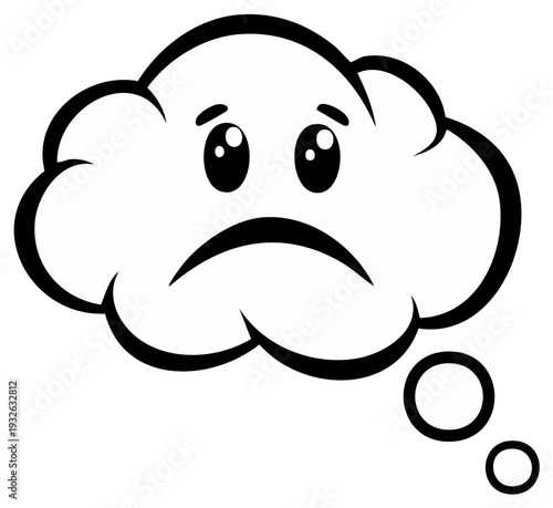 Sad thinking cloud cartoon character with thought bubble