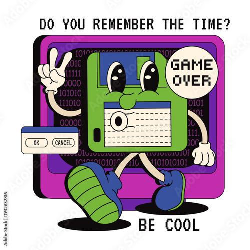 Retro art. Vector illustration of floppy disk on the old computer monitor background isolated transparent. Cool back to 90's play game concept. Ideal t-shirt print design. Editable stroke. EPS 10