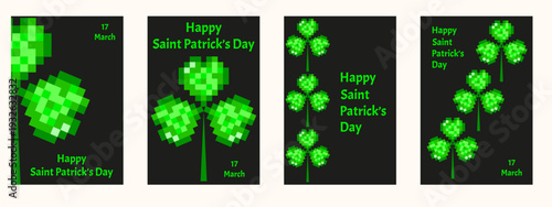 Modern Saint Patrick's Day vertical poster cover set. Trendy Pixel style green clover on black background with simple bold greeting message. Perfect Patrick Day card collection design. EPS 10