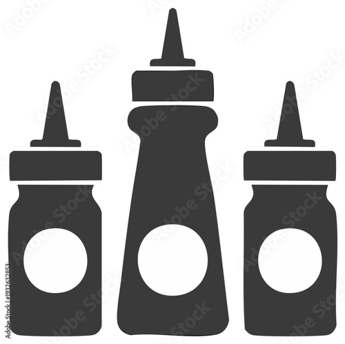 Set of three dark minimalist condiment squeeze bottles with blank labels, food service icon