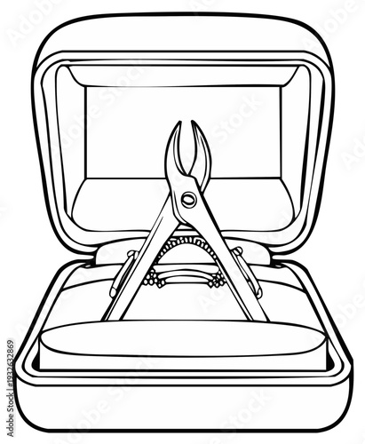 Jewelry Box Holds Ring and Pliers Tool in a Line Drawing Style