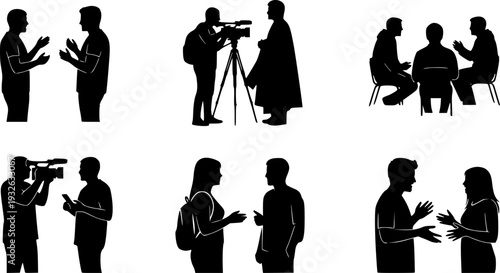 Professional News Media Interview Silhouette - Journalist Broadcasting and Cameraman Press Conference Vector 