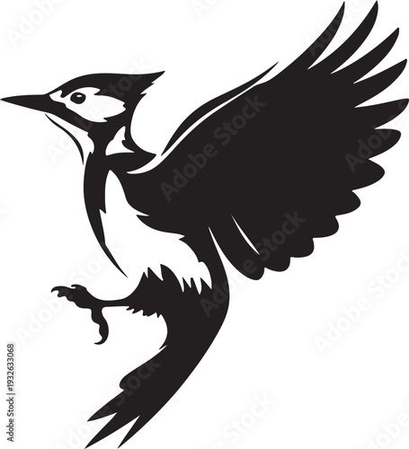 Black and White Woodpecker Bird Silhouette in Flight, Dynamic Graphic
