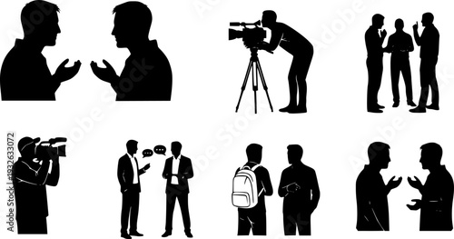  Professional News Media Interview Silhouette - Journalist Broadcasting and Cameraman Press Conference Vector 