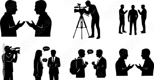  Professional News Media Interview Silhouette - Journalist Broadcasting and Cameraman Press Conference Vector 