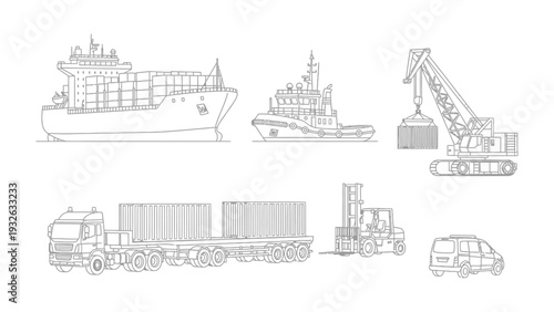 Shipping And Transport Icons: A set of detailed line drawings depicting various modes of shipping and transport, highlighting the vital role of these elements in global trade and logistics. 