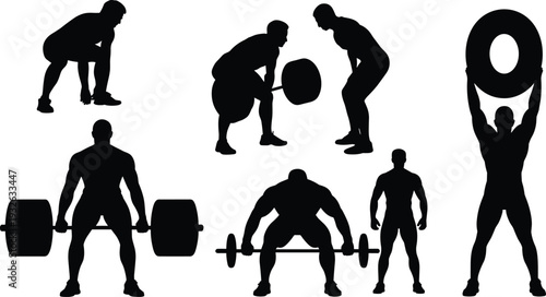 Silhouette set of men lifting weights and training isolated on white background black and white fitness bodybuilding workout illustration collection