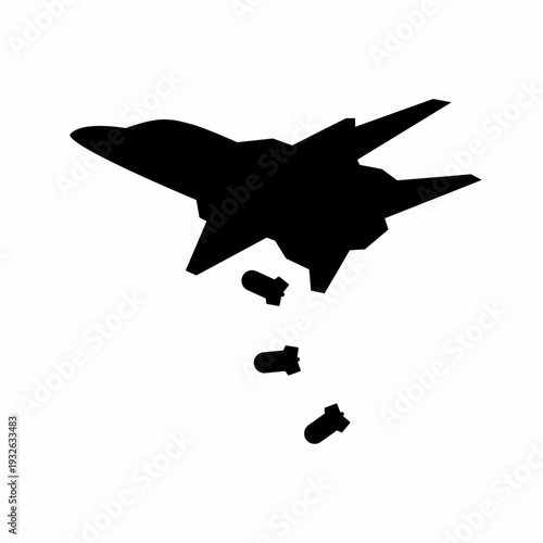 Fighter jet silhouette dropping bombs in flight