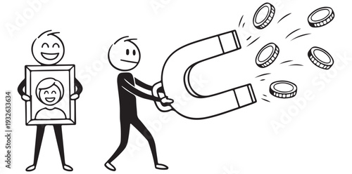 A cartoon illustration of two stick figures and a large magnet attracting coins towards one of them