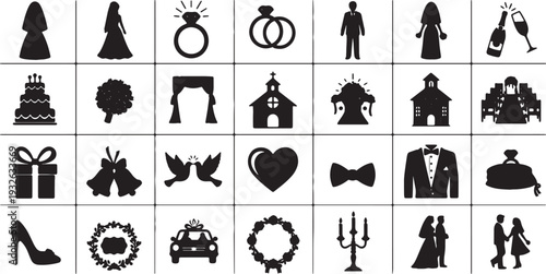 Wedding Icons Set Silhouette Black and White Isolated Collection
