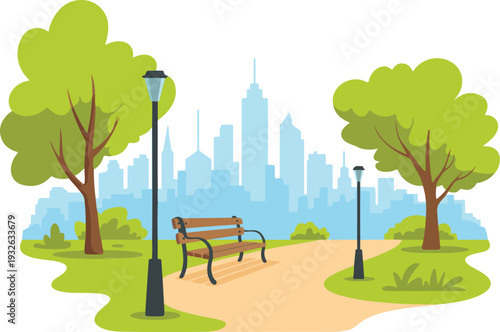 Public Park Scene with Lush Greenery, Walking Path, Bench, and Modern City Skyscrapers Vector Illustration