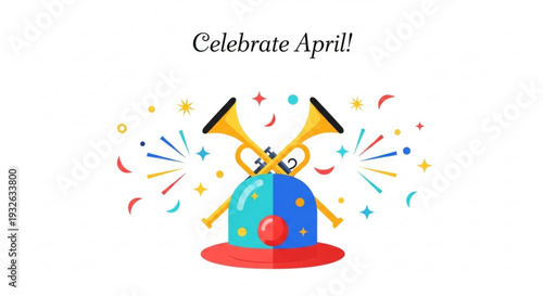 Vibrant april celebration background with confetti and party horns on white