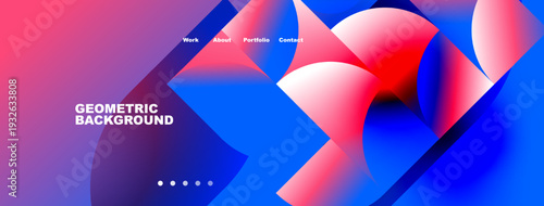 Abstract geometric design. Vibrant blue, pink hues create modern background. Navigation menu present, dots indicate sections.