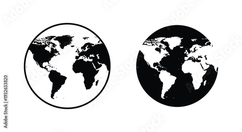 Set of two stylized world map vector illustrations showing positive and negative contrast globe designs