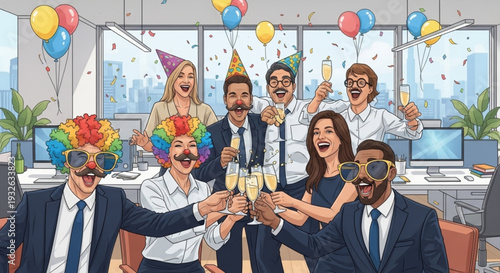 Colleagues celebrate office birthday party with champagne and balloons in modern office