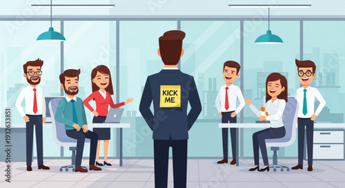 Office worker with 'kick me' sign on back surrounded by coworkers in modern meeting room setting with city view
