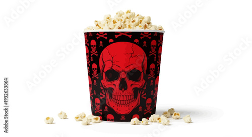 Halloween popcorn bucket, red skull design, black background, horror movie night snack