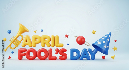Colorful april fool's day celebration text with party horn and confetti on light blue background