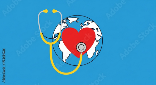 Global healthcare concept with stethoscope and heart on world map illustration representing medical care and health awareness worldwide