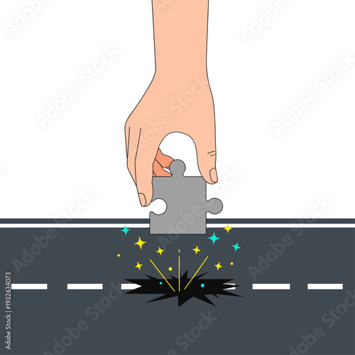Conceptual Road Repair with Puzzle Piece Vector Art