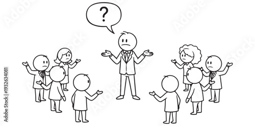 A confused businessman stands in a circle of people with questioning expressions