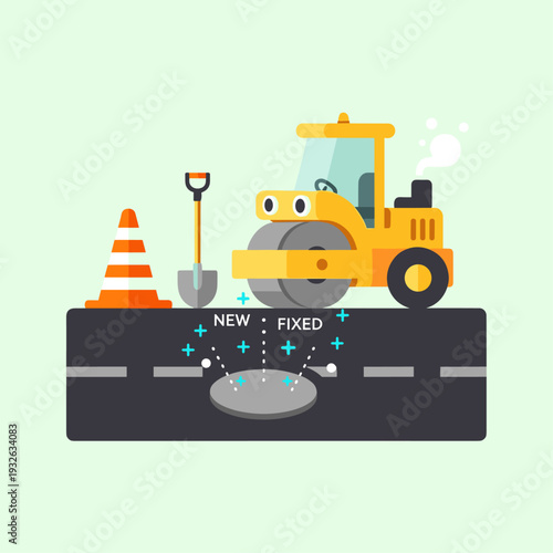 Flat Vector Illustration of Pothole Road Repair Scene