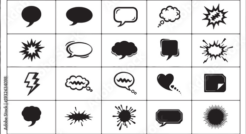 Speech Bubbles Vector Set Black and White Cartoon Style Isolated on White