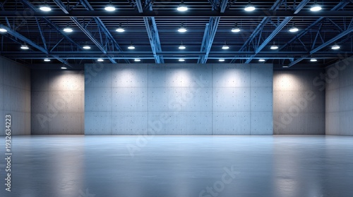 Modern industrial empty space with smooth concrete walls and bright ceiling lights in a minimalistic design setting