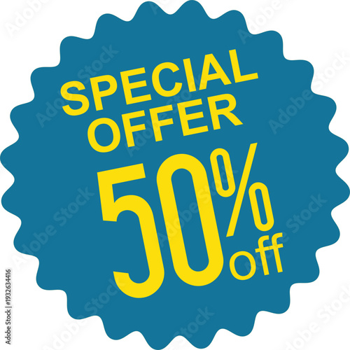 A blue and yellow special offer badge with 50 percent off