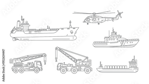 Maritime Fleet: Various transport vehicles are displayed. From a vessel navigating the sea, a crane lifting heavy loads and a helicopter flying in the air, creating a striking scene.
