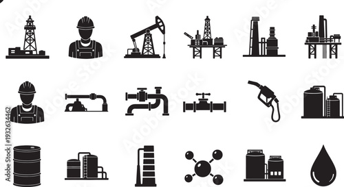 Oil and Gas Industry Icons Set with Rigs, Workers, Pipelines and and Refineries, Black and White Vector