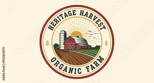 Heritage Harvest Organic Farm logo featuring a barn and farm scene.