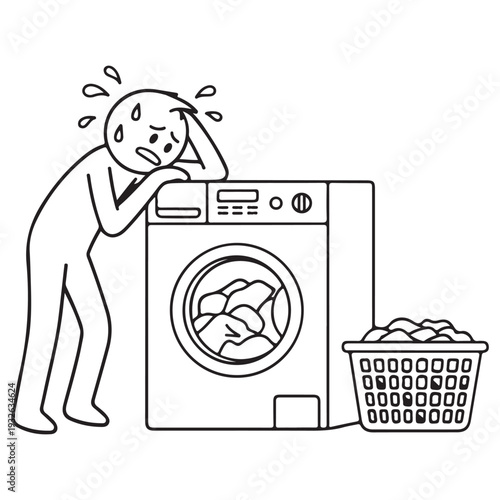 A frustrated person leaning on a washing machine with a basket of laundry next to it