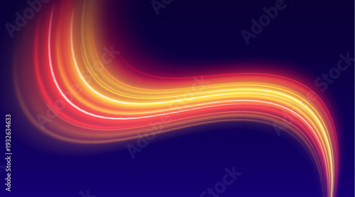 Rainbow speed trail twists elegantly, flowing dynamically with glowing luminous paths and scattered spark particles. vector
