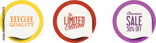 Three colorful sale and quality labels on a white background