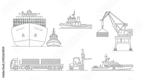 Shipping Logistics: Detailed illustration of the essential elements involved in the movement of goods, from cargo ships to handling equipment.