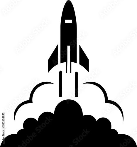 Rocket launching into space with smoke and flames