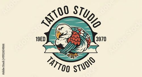 Detailed tattoo studio logo featuring a colorful owl design with artistic elements.