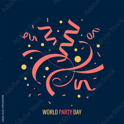 A vibrant and celebratory design featuring colorful confetti and ribbons on a dark blue background