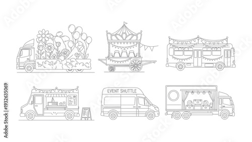 Line Art Transportation Variety: A collection of various vehicles showcases diverse transportation possibilities, ranging from commercial trucks to recreational carriages and service vans.