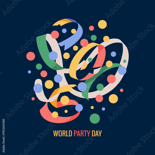 A vibrant explosion of colorful confetti and ribbons celebrates world party day with playful design