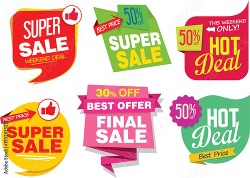 Collection of colorful sale and discount stickers on white background