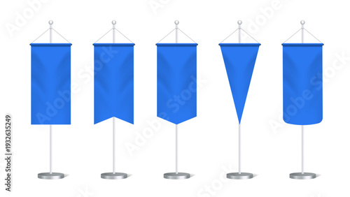 Blue Long Pennant Flag Banner Mockup on Stand – Vertical Hanging Fabric Display Template Vector Illustration