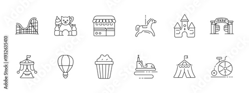 Amusement park set icon. Collection with roller coaster, teddy bear, ticket booth, carousel horse, castle, park gate, circus tent, hot air balloon, popcorn, bumper car, big top tent, unicycle.